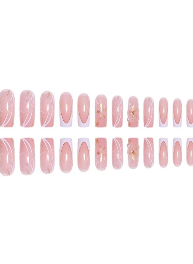 YoYoee Short Square Press on Nails French Fake Nails Acrylic Pearls False Nails Nude Full Cover Nails Tips for Women and Girls 24Pcs - Image 3